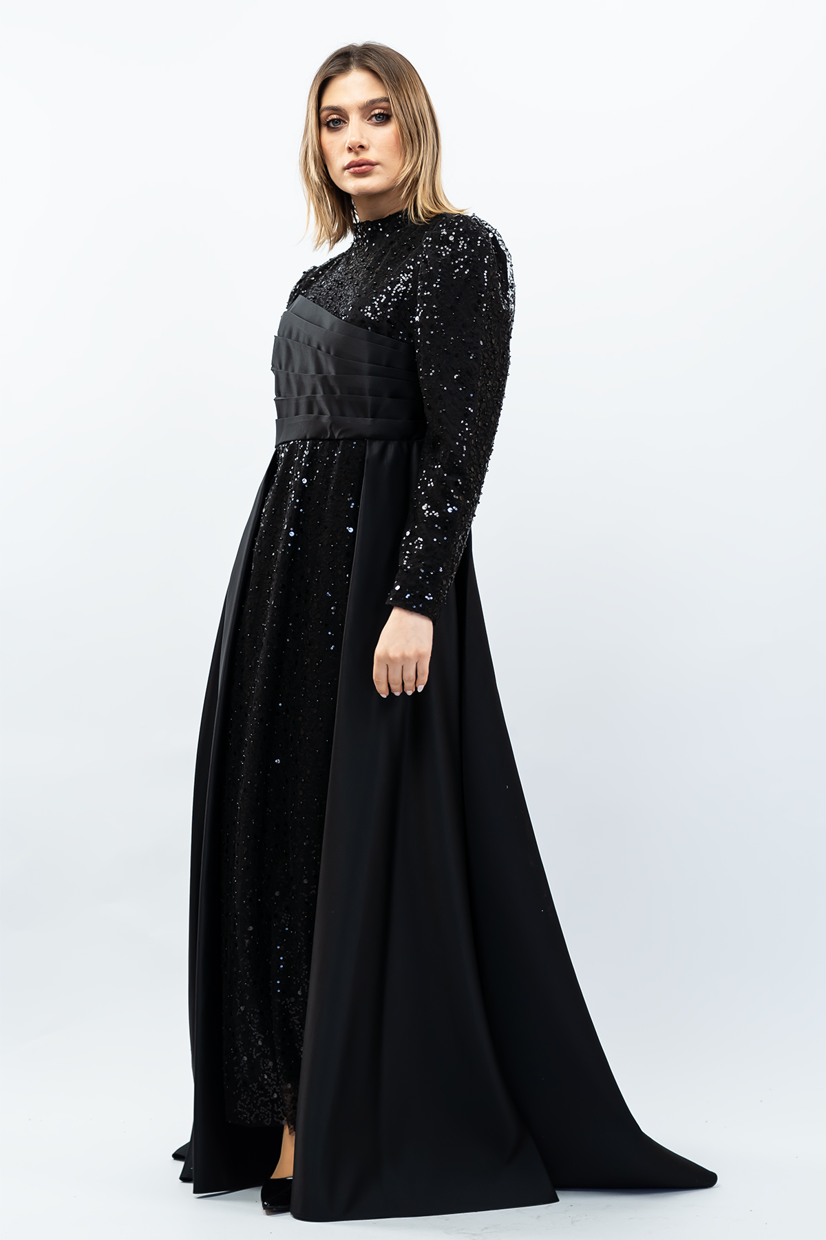 Sequined Draped Satin Evening Dress Black