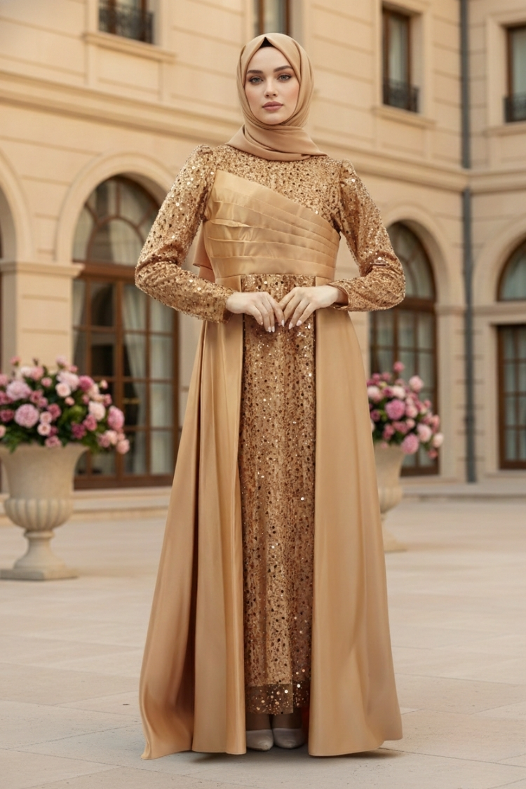 Sequined Draped Satin Evening Dress Gold