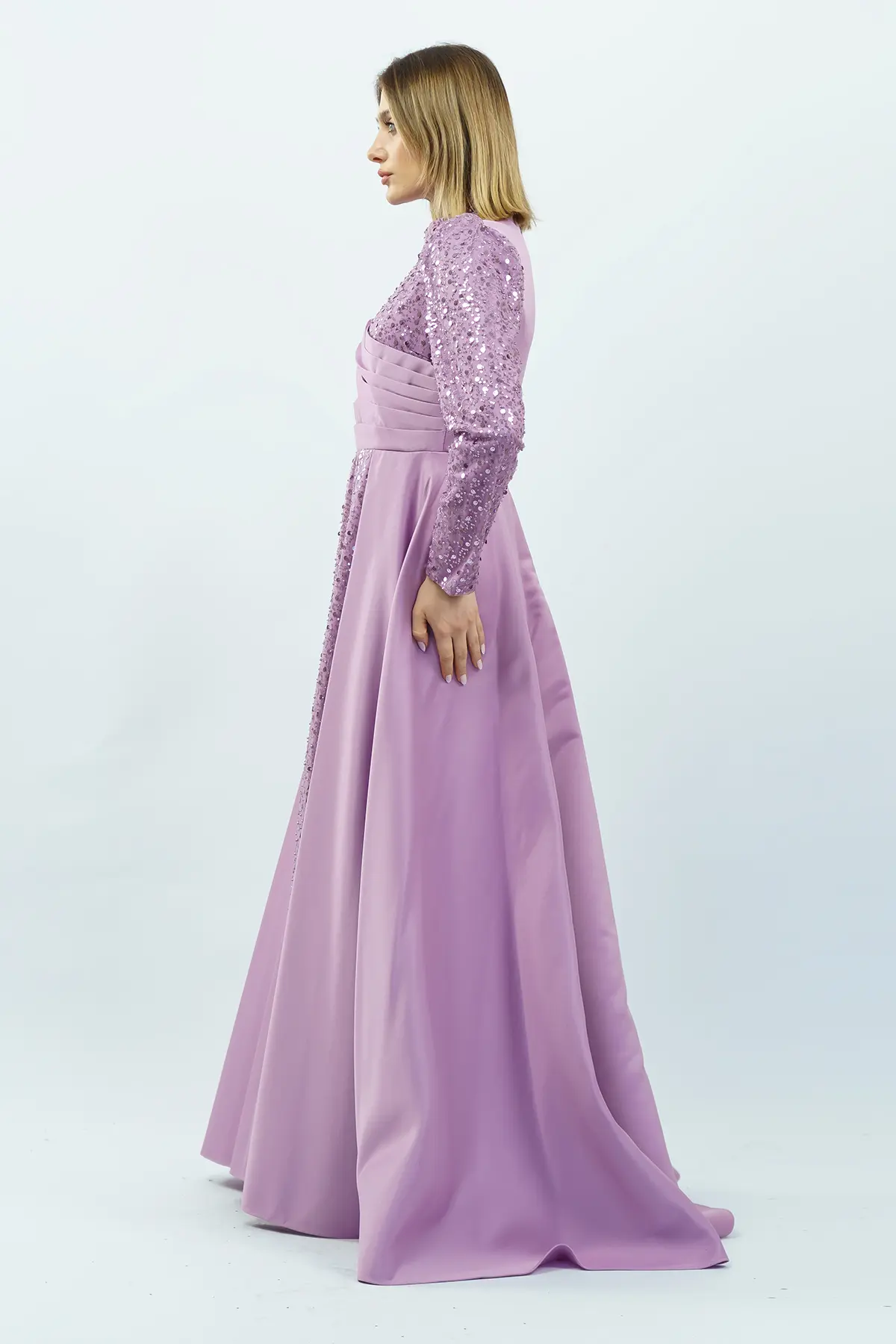 Sequined Draped Satin Evening Dress Lila-detail