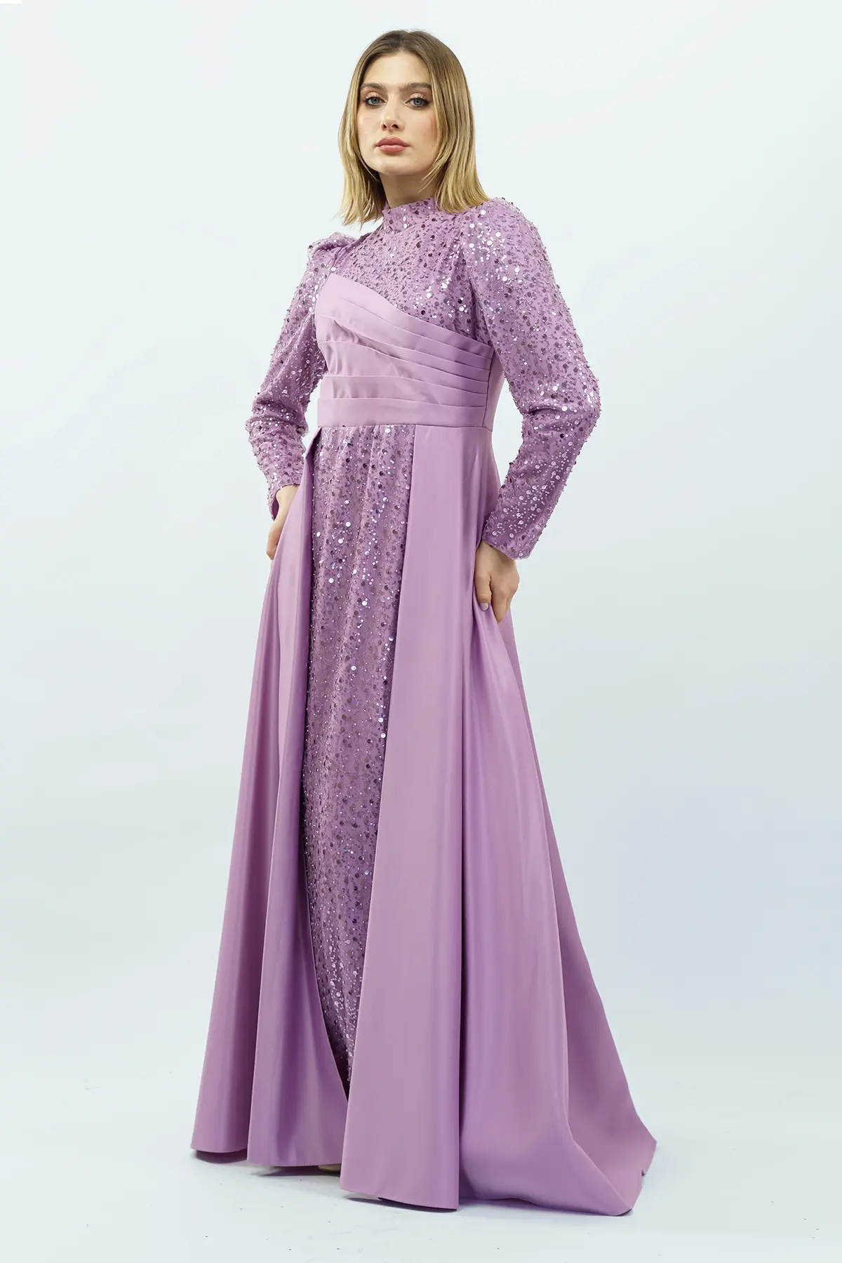 Sequined Draped Satin Evening Dress Lila-detail