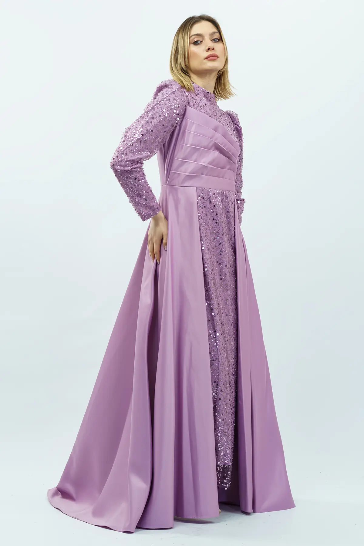 Sequined Draped Satin Evening Dress Lila-detail