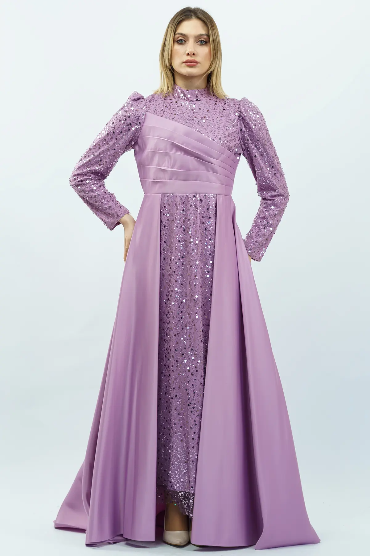 Sequined Draped Satin Evening Dress Lila-detail