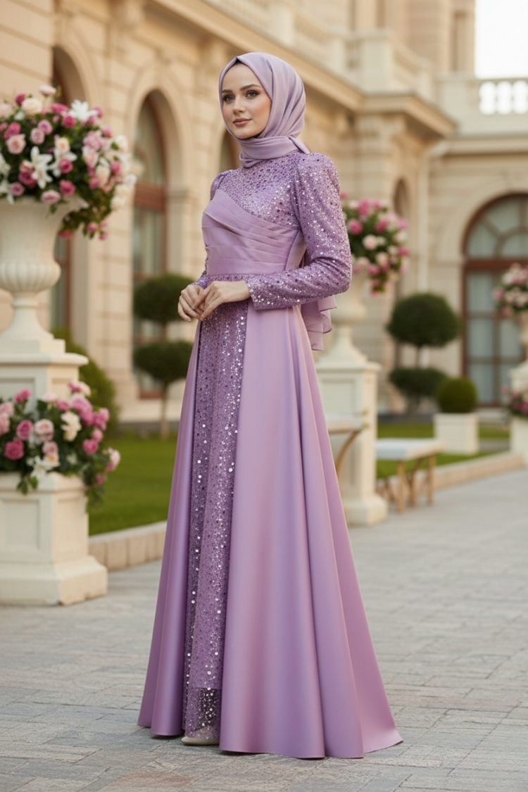 Sequined Draped Satin Evening Dress Lila