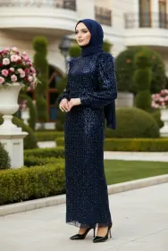 Sequined Evening Dress Navy Blue