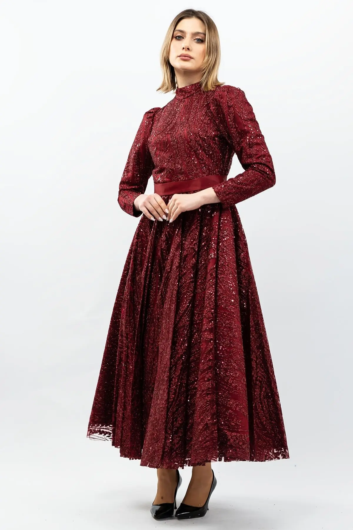 Sequined Princess Model Evening Dress Claret Red-detail
