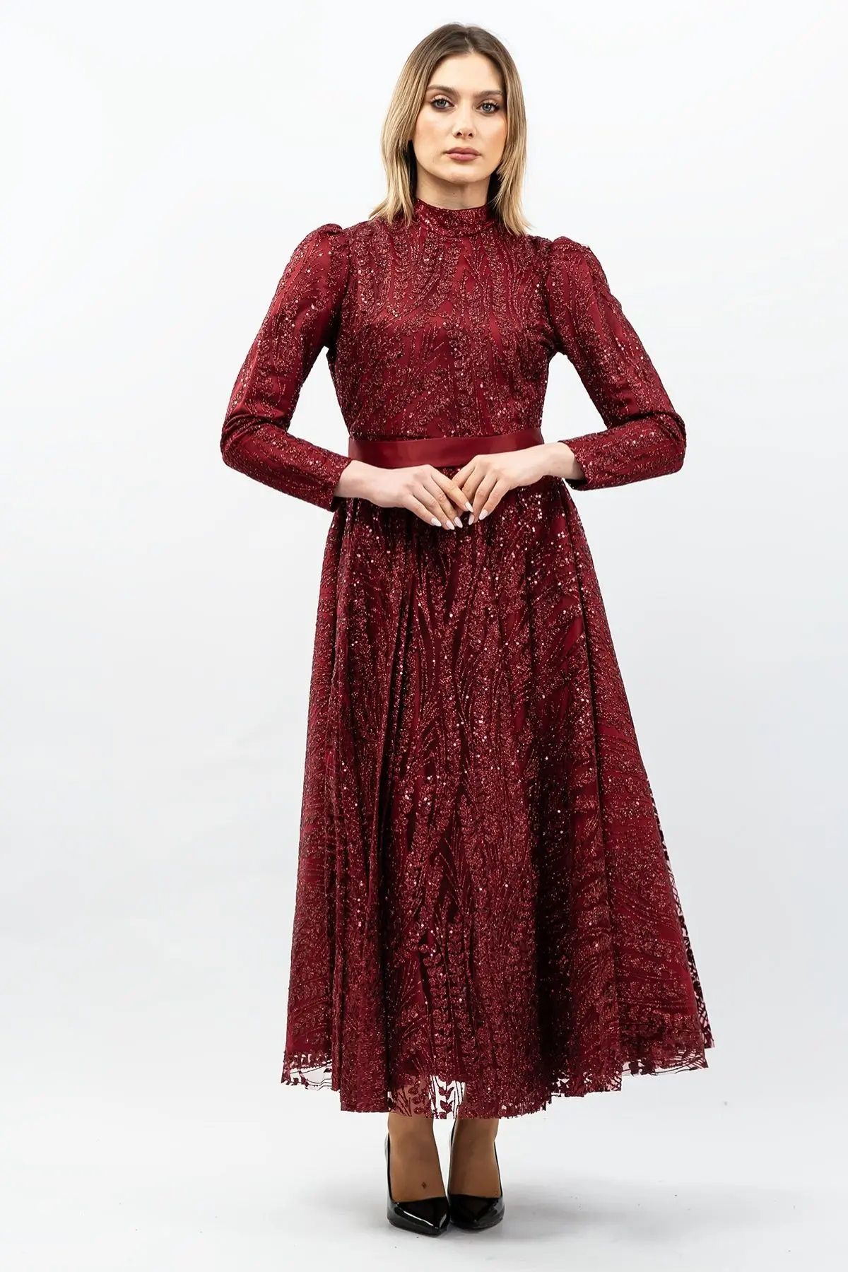 Sequined Princess Model Evening Dress Claret Red-detail