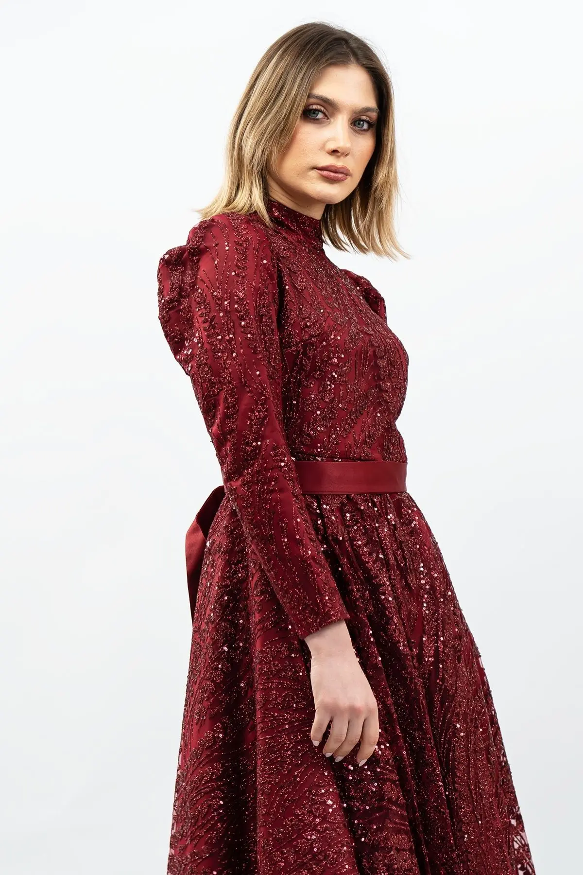 Sequined Princess Model Evening Dress Claret Red-detail