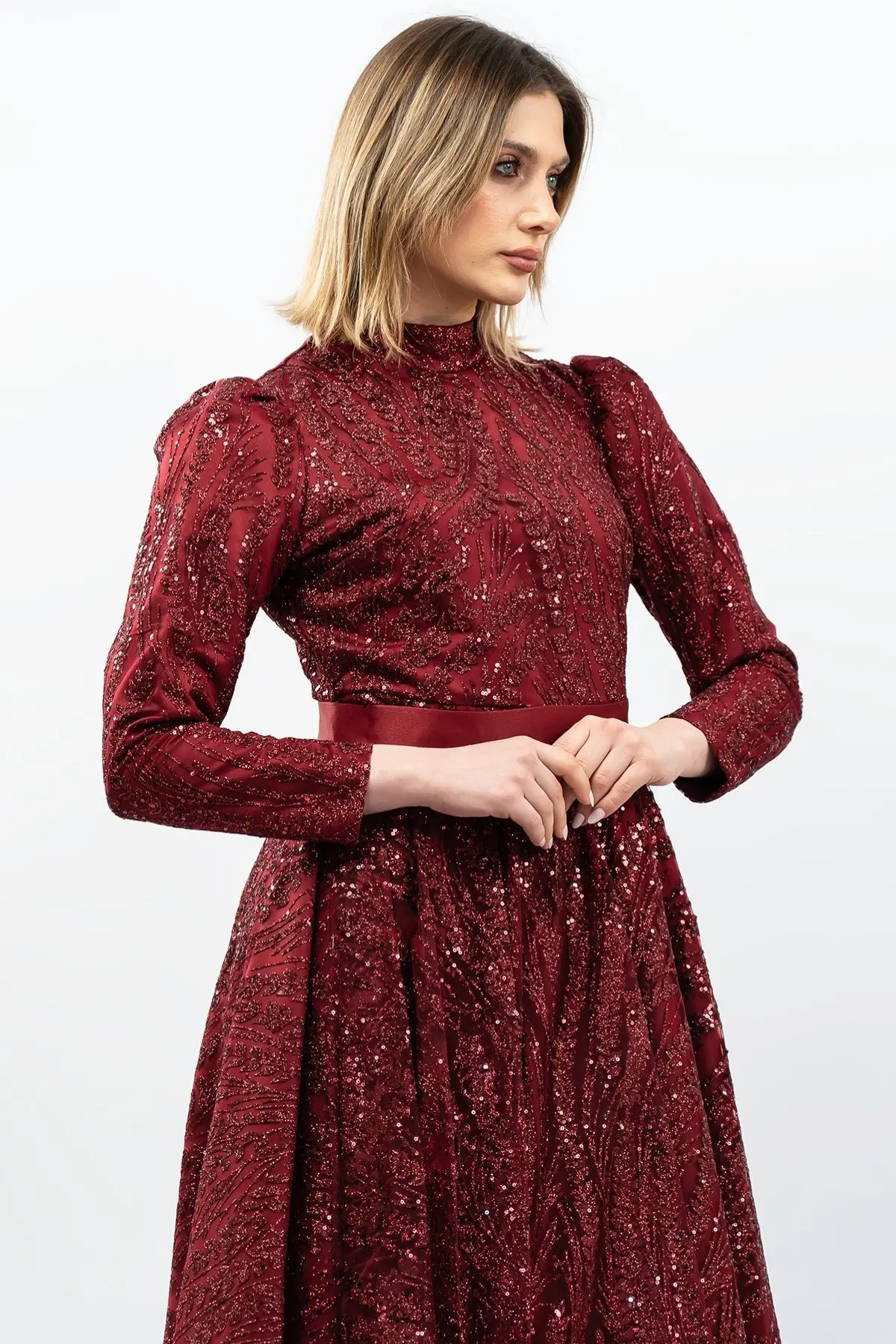 Sequined Princess Model Evening Dress Claret Red-detail