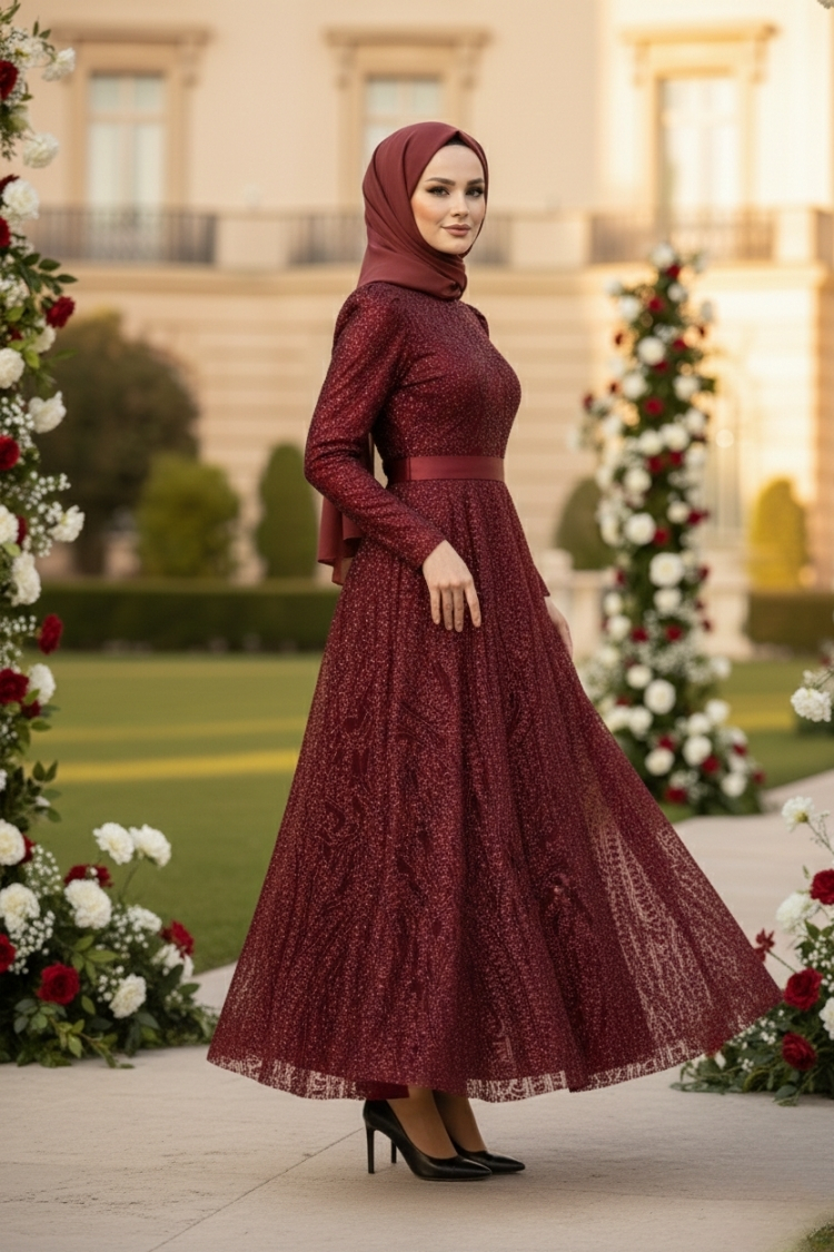 Sequined Princess Model Evening Dress Claret Red