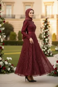 Sequined Princess Model Evening Dress Claret Red