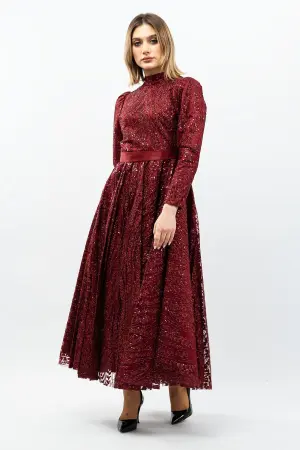 Sequined Princess Model Evening Dress Claret Red