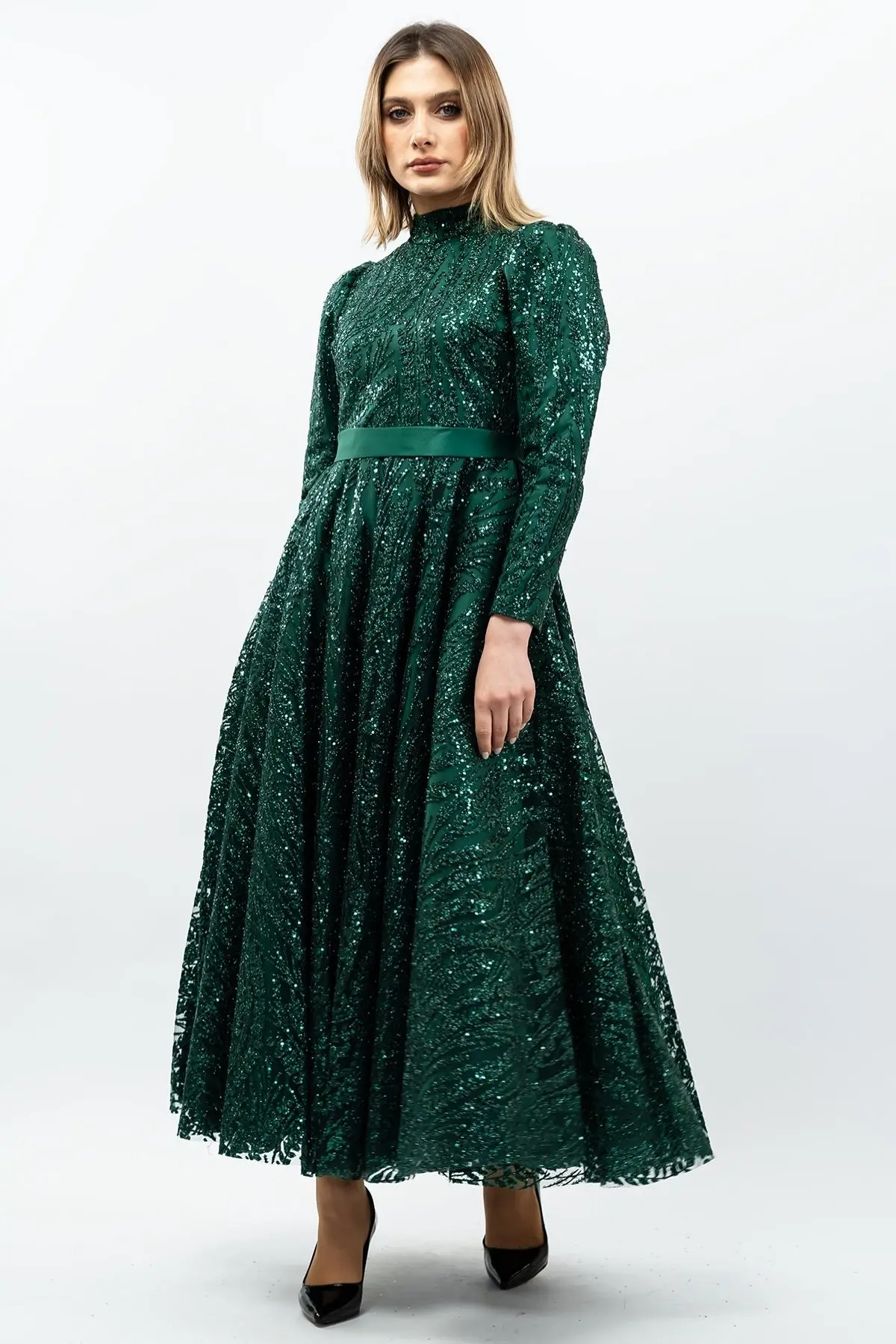 Sequined Princess Model Evening Dress Emerald Green-detail