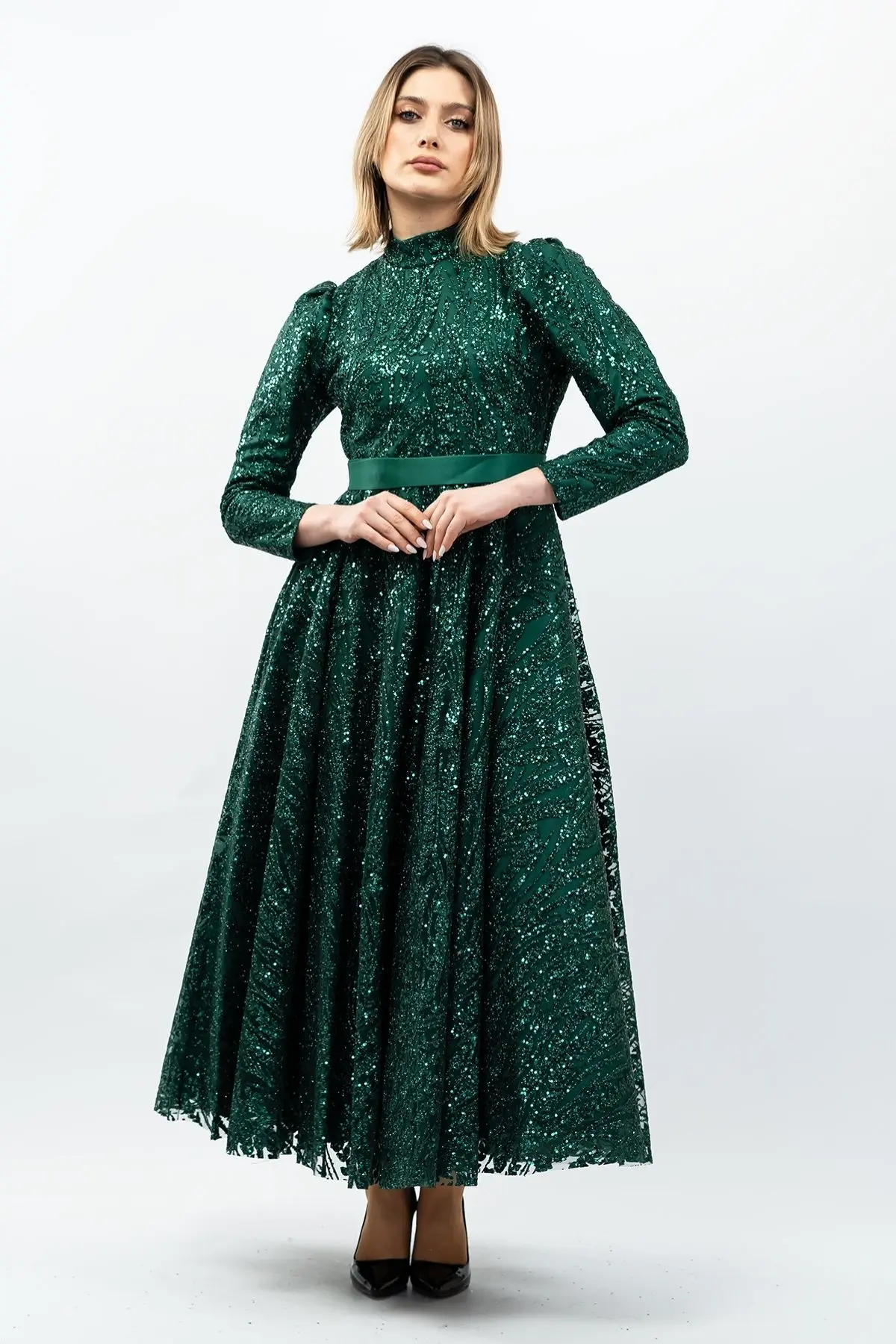 Sequined Princess Model Evening Dress Emerald Green-detail