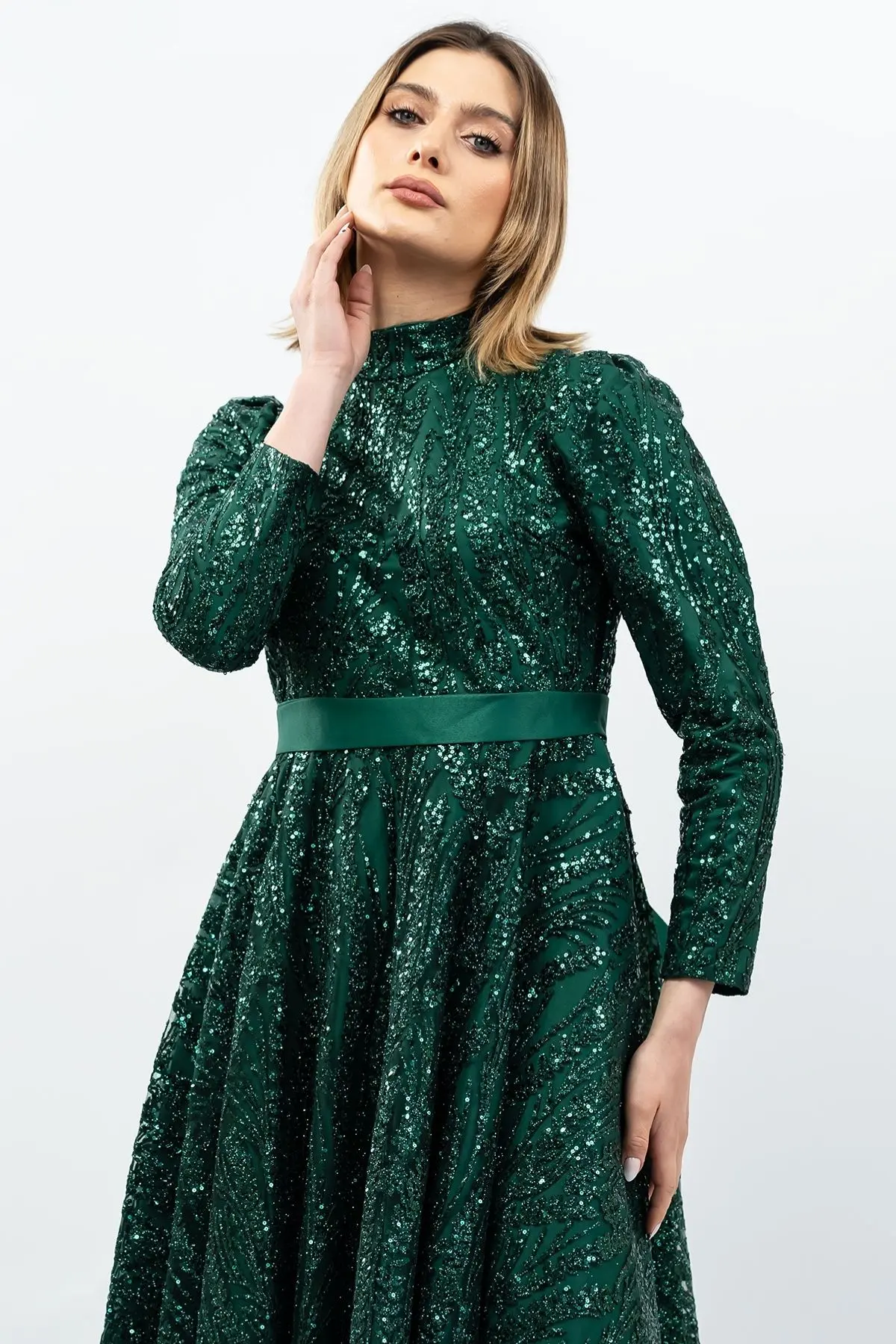 Sequined Princess Model Evening Dress Emerald Green-detail