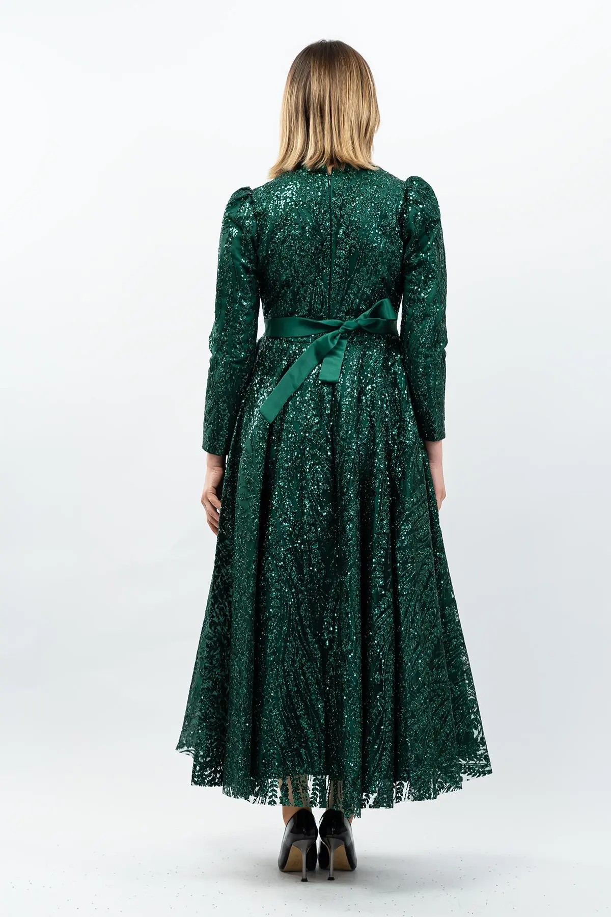 Sequined Princess Model Evening Dress Emerald Green-detail