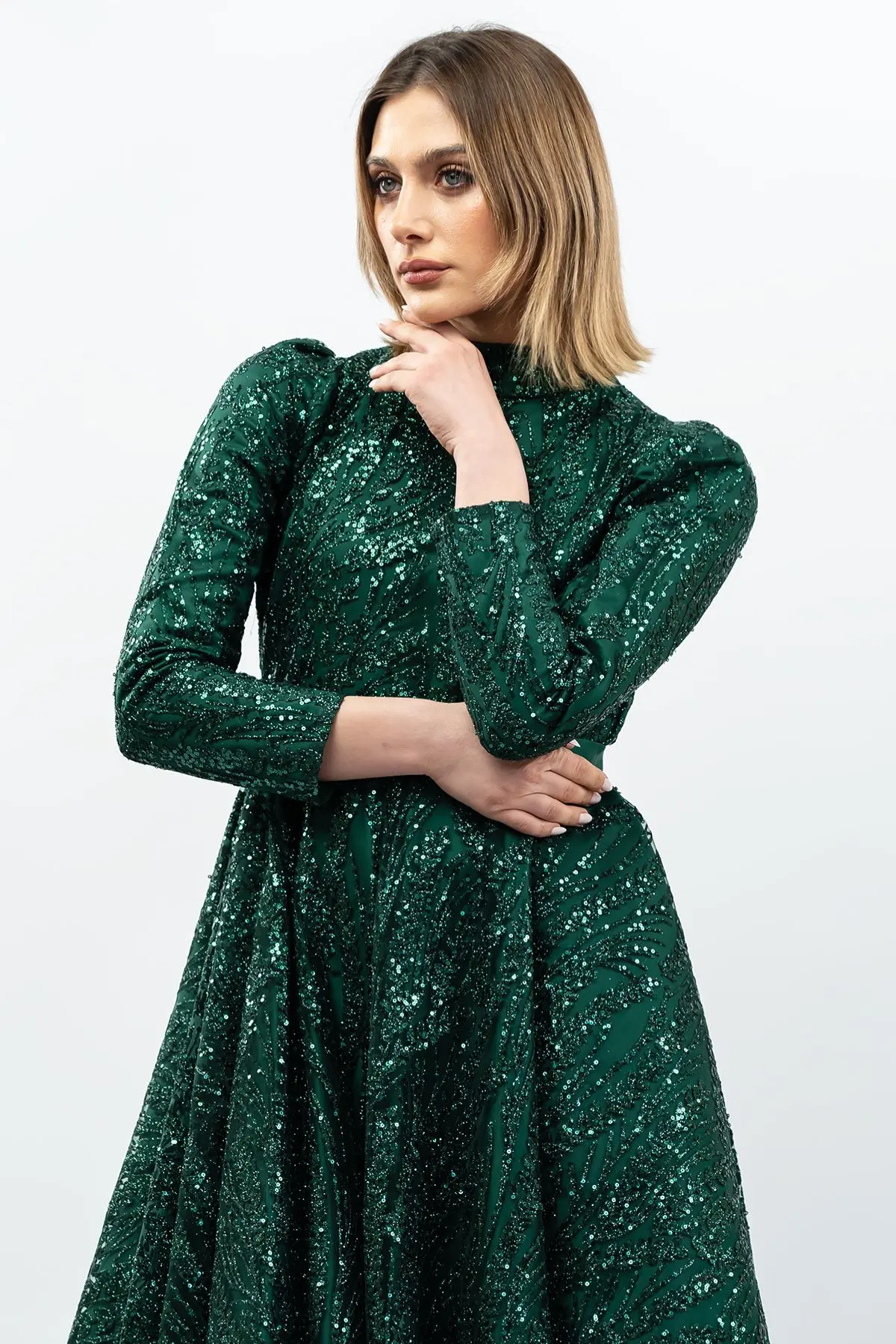 Sequined Princess Model Evening Dress Emerald Green-detail