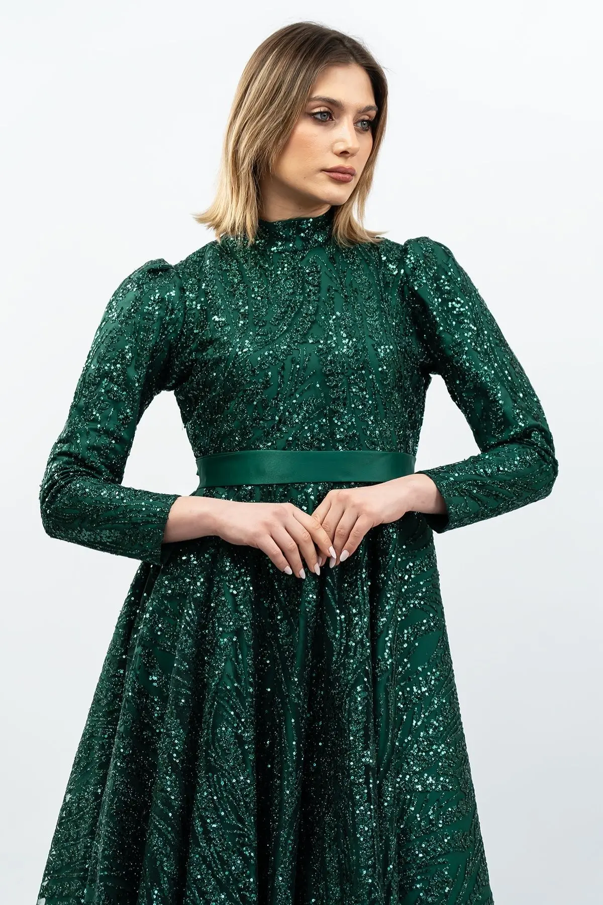 Sequined Princess Model Evening Dress Emerald Green-detail