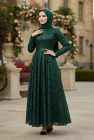 Sequined Princess Model Evening Dress Emerald Green