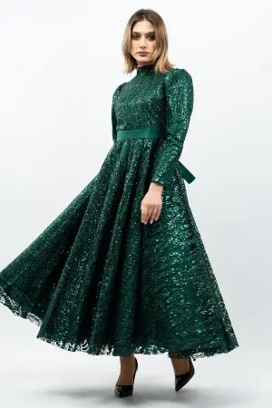 Sequined Princess Model Evening Dress Emerald Green