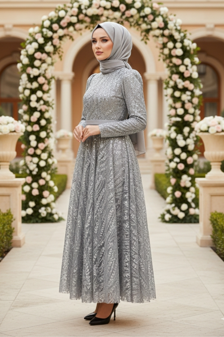 Sequined Princess Model Evening Dress Grey