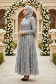 Sequined Princess Model Evening Dress Grey