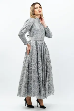 Sequined Princess Model Evening Dress Grey