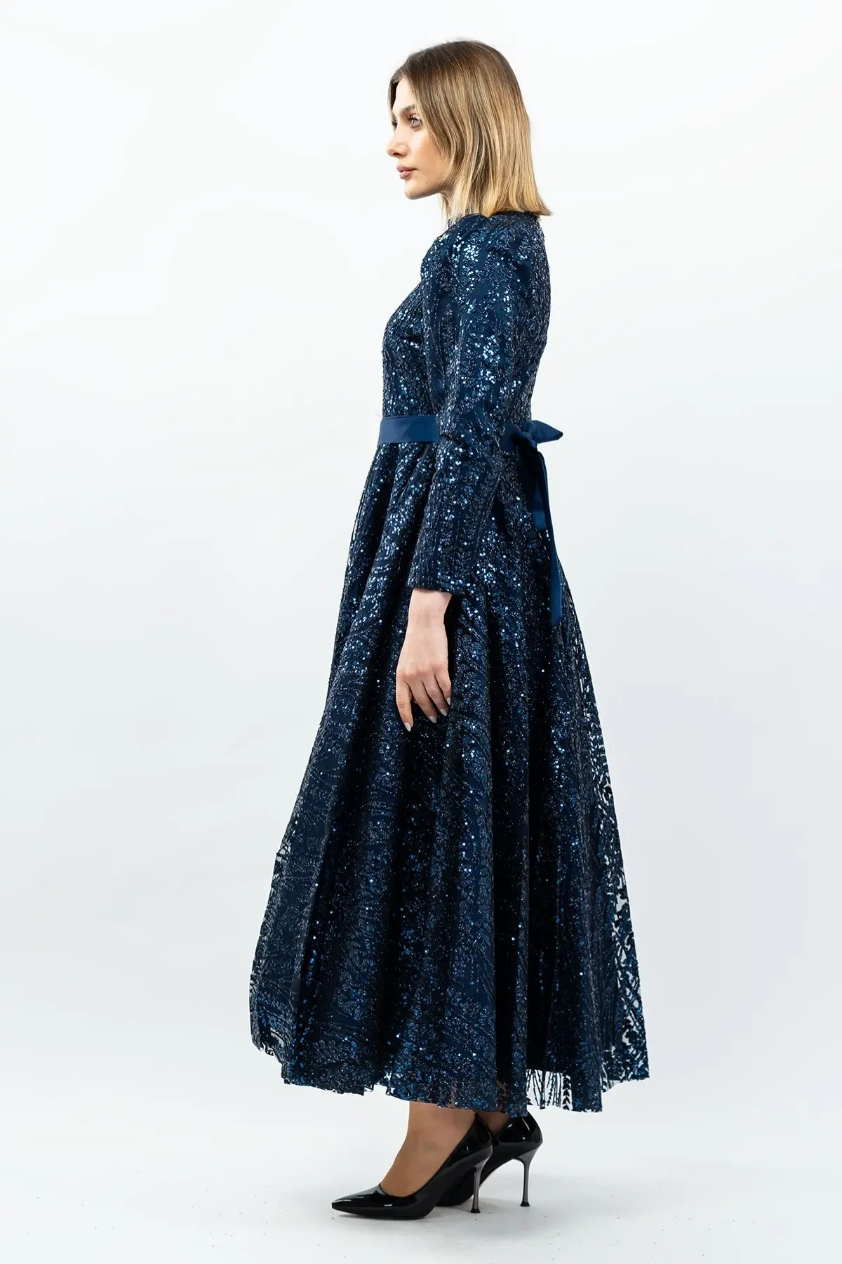 Sequined Princess Model Evening Dress Navy Blue-detail