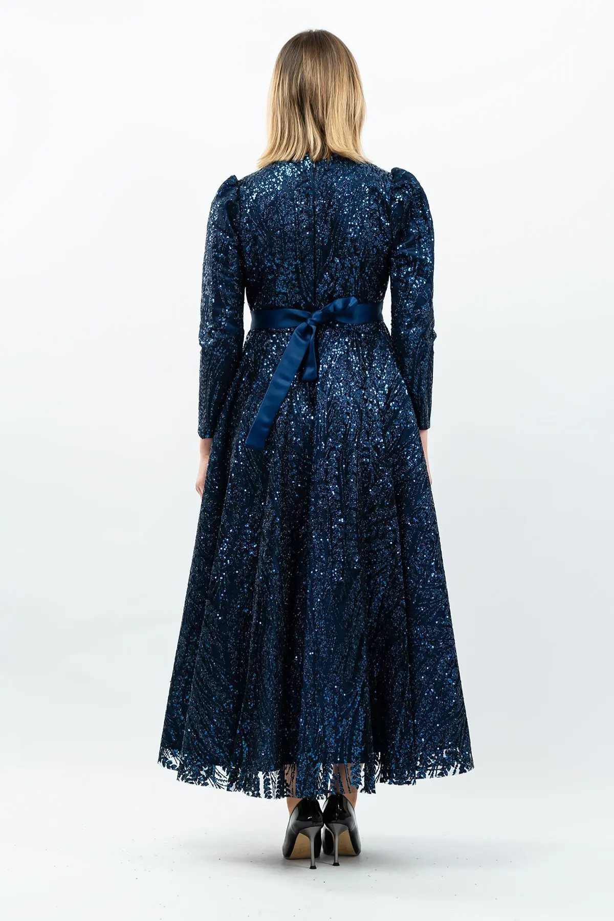 Sequined Princess Model Evening Dress Navy Blue-detail