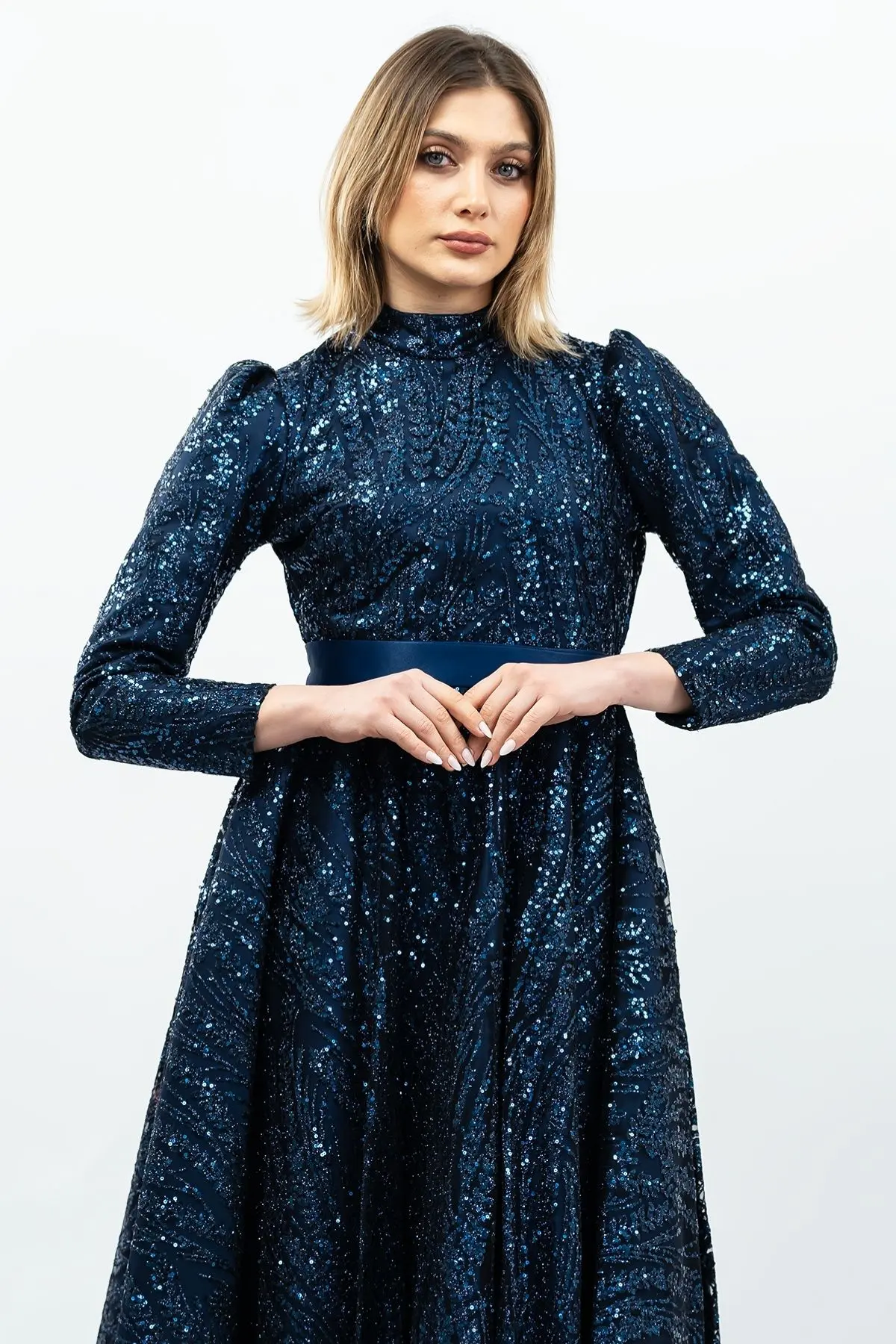 Sequined Princess Model Evening Dress Navy Blue-detail