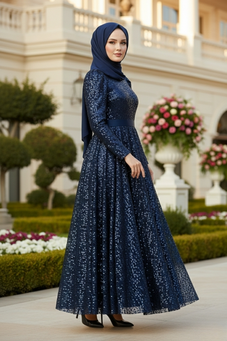 Sequined Princess Model Evening Dress Navy Blue