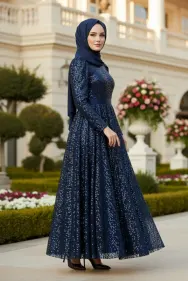Sequined Princess Model Evening Dress Navy Blue