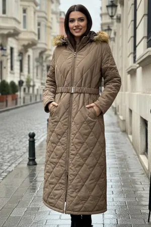 Shiny Quilted Belted Long Coat