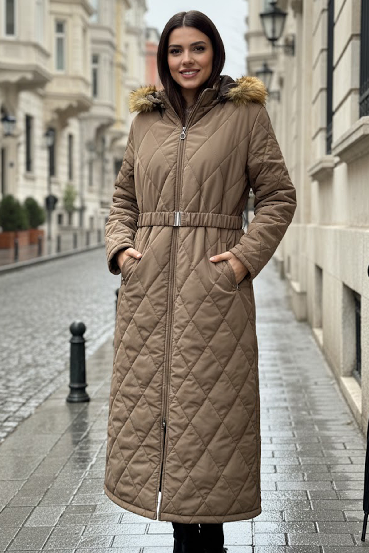 Shiny Quilted Belted Long Coat