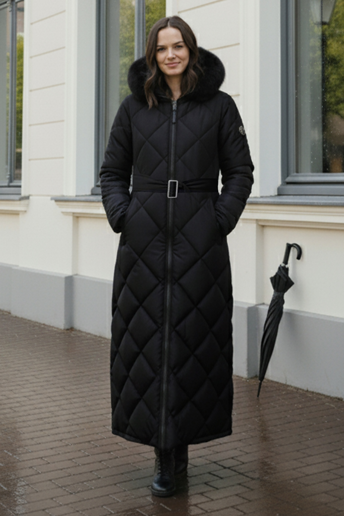Shiny Quilted Belted Long Coat