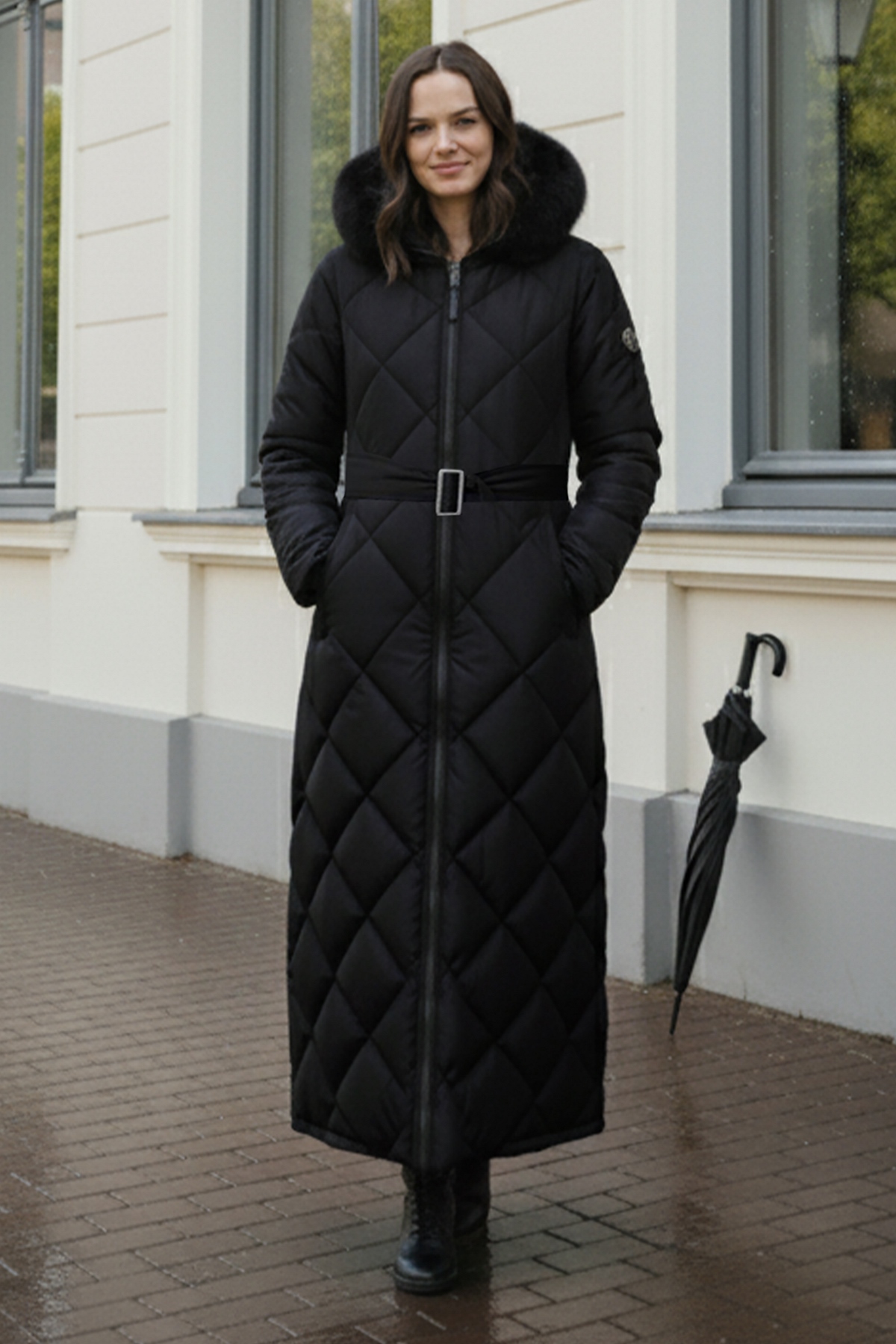 Shiny Quilted Belted Long Coat