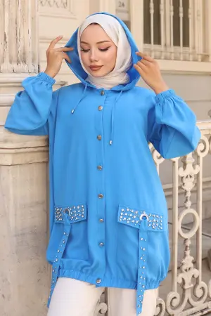 Short Coat With Stone Detailed Buttons On Pockets