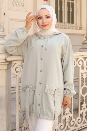 Short Coat With Stone Detailed Buttons On Pockets