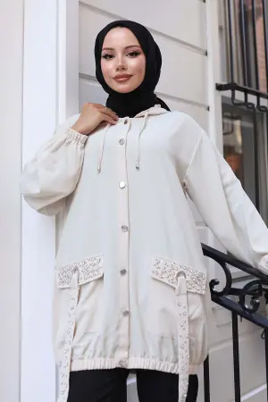 Short Coat With Stone Detailed Buttons On Pockets