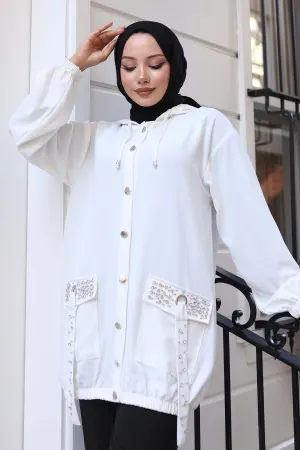 Short Coat With Stone Detailed Buttons On Pockets