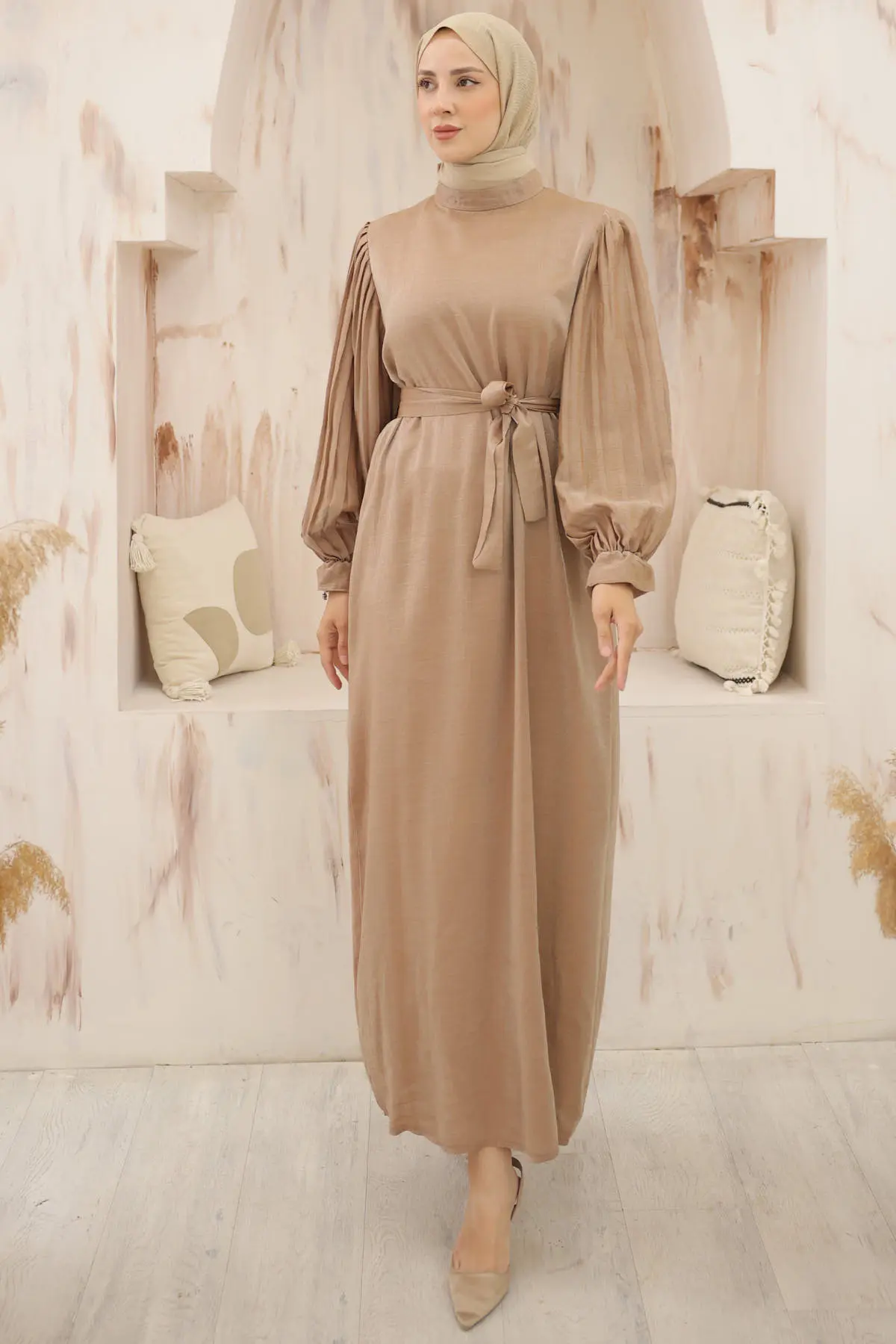 Sleeves Pleated Detailed Hijab Dress-detail