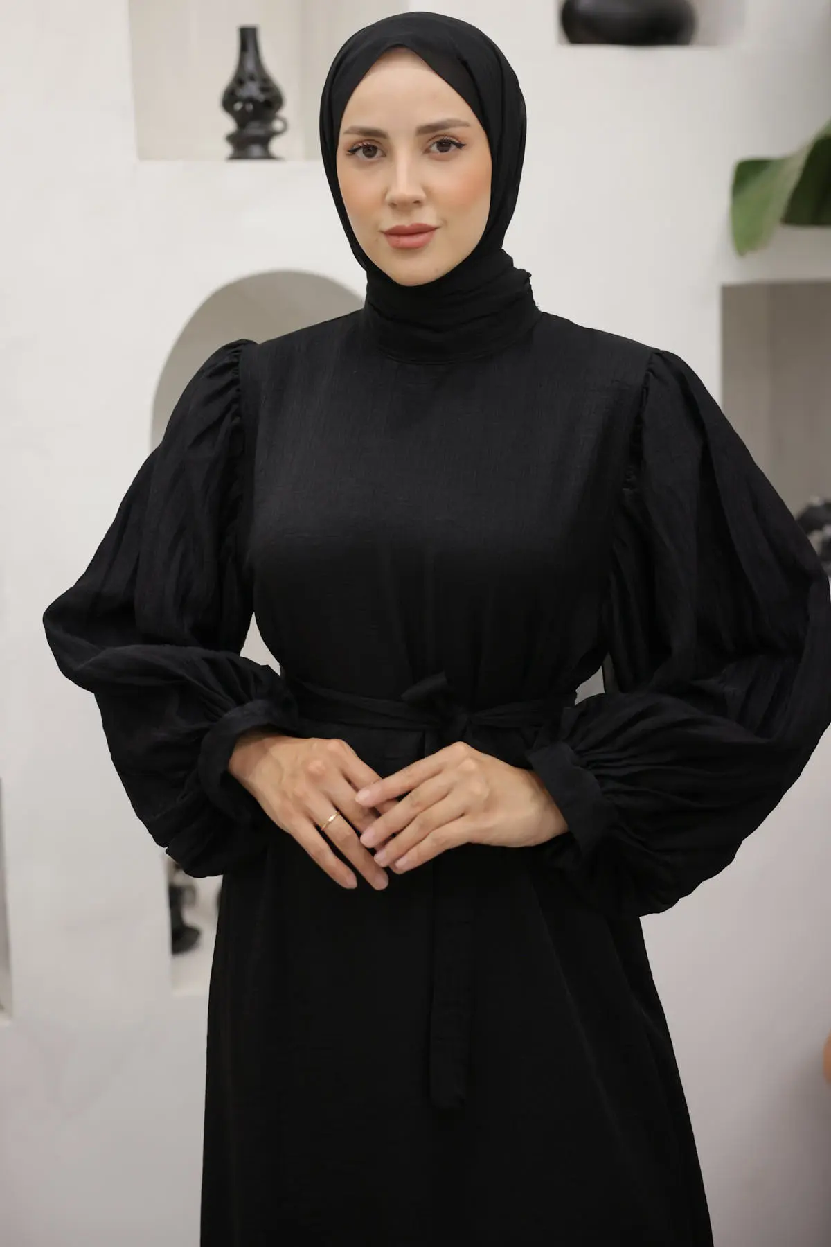 Sleeves Pleated Detailed Hijab Dress-detail