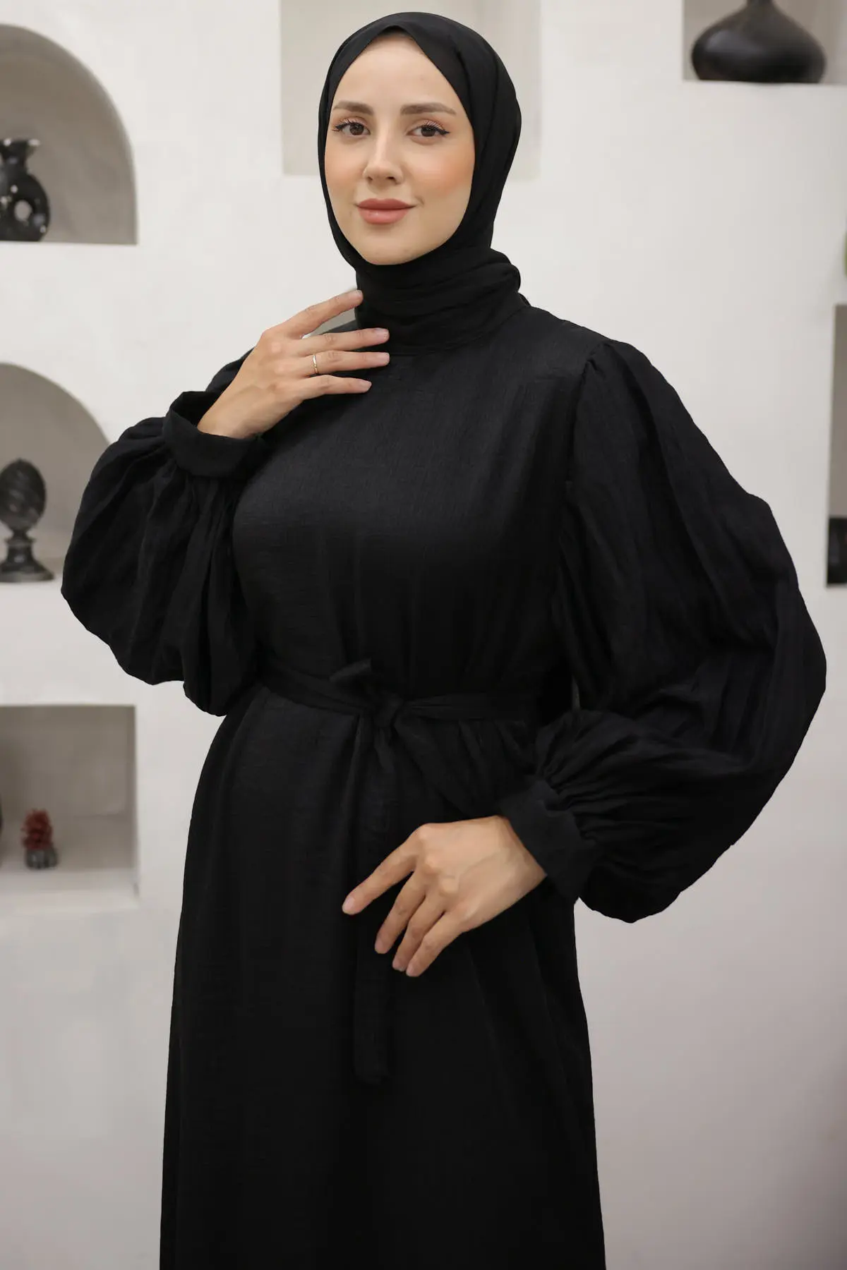 Sleeves Pleated Detailed Hijab Dress-detail