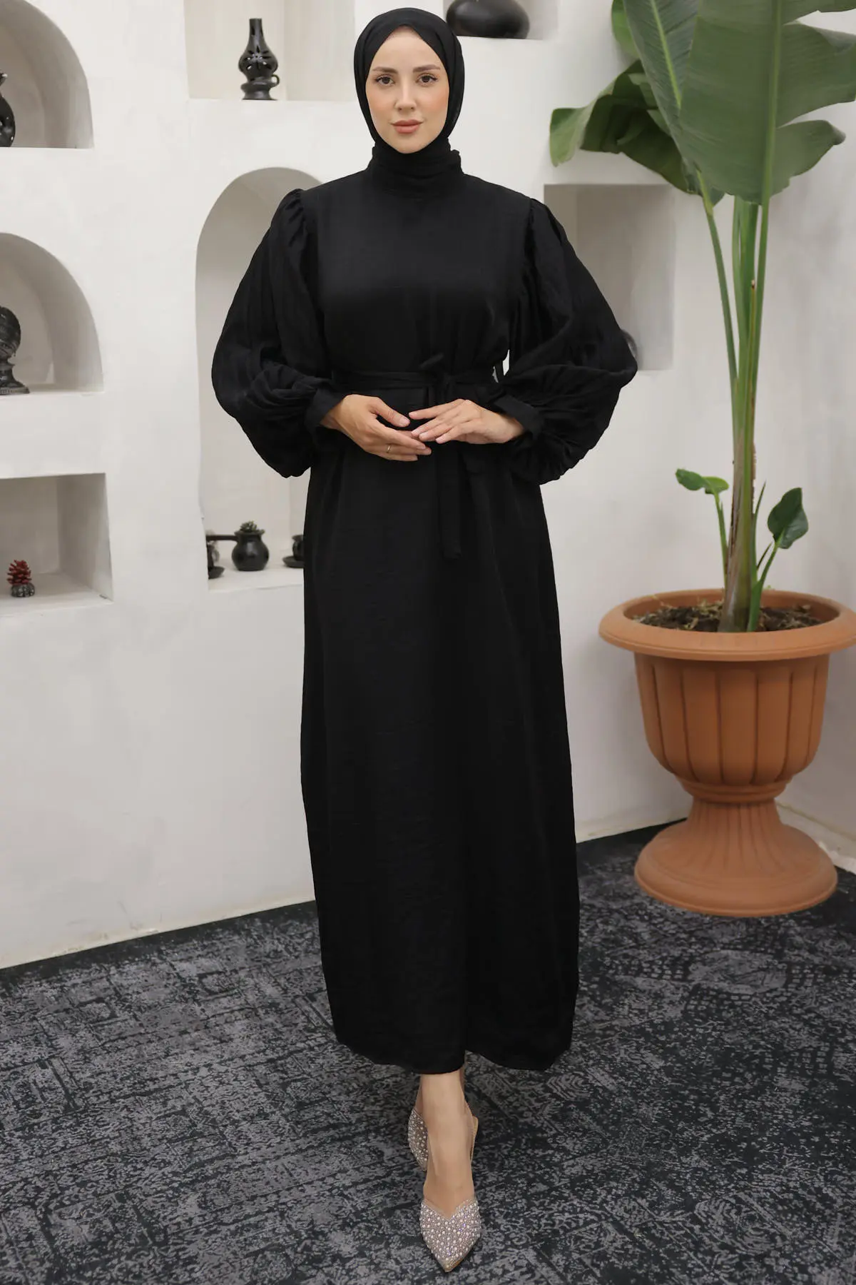 Sleeves Pleated Detailed Hijab Dress