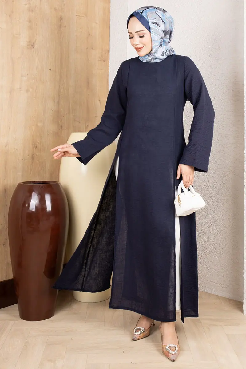 Slit Linen Tunic 0178 Navy Blue-detail