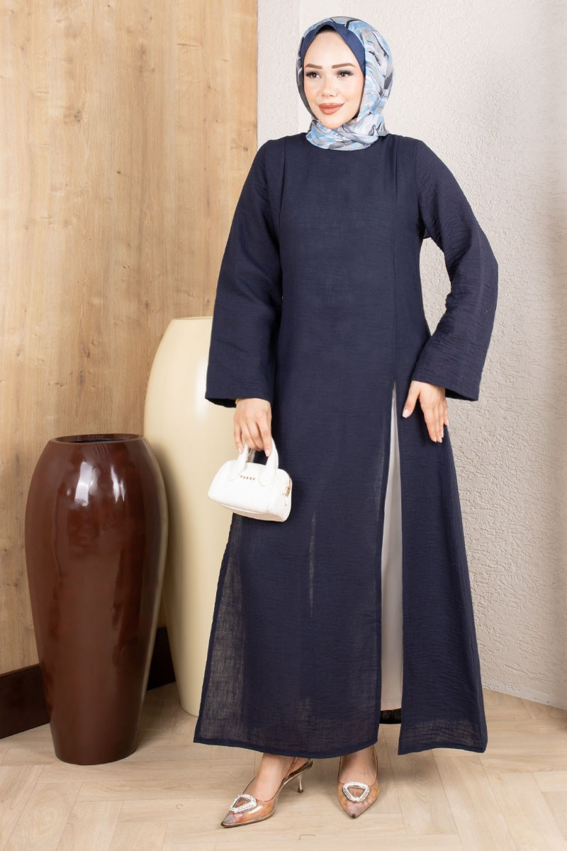 Slit Linen Tunic 0178 Navy Blue