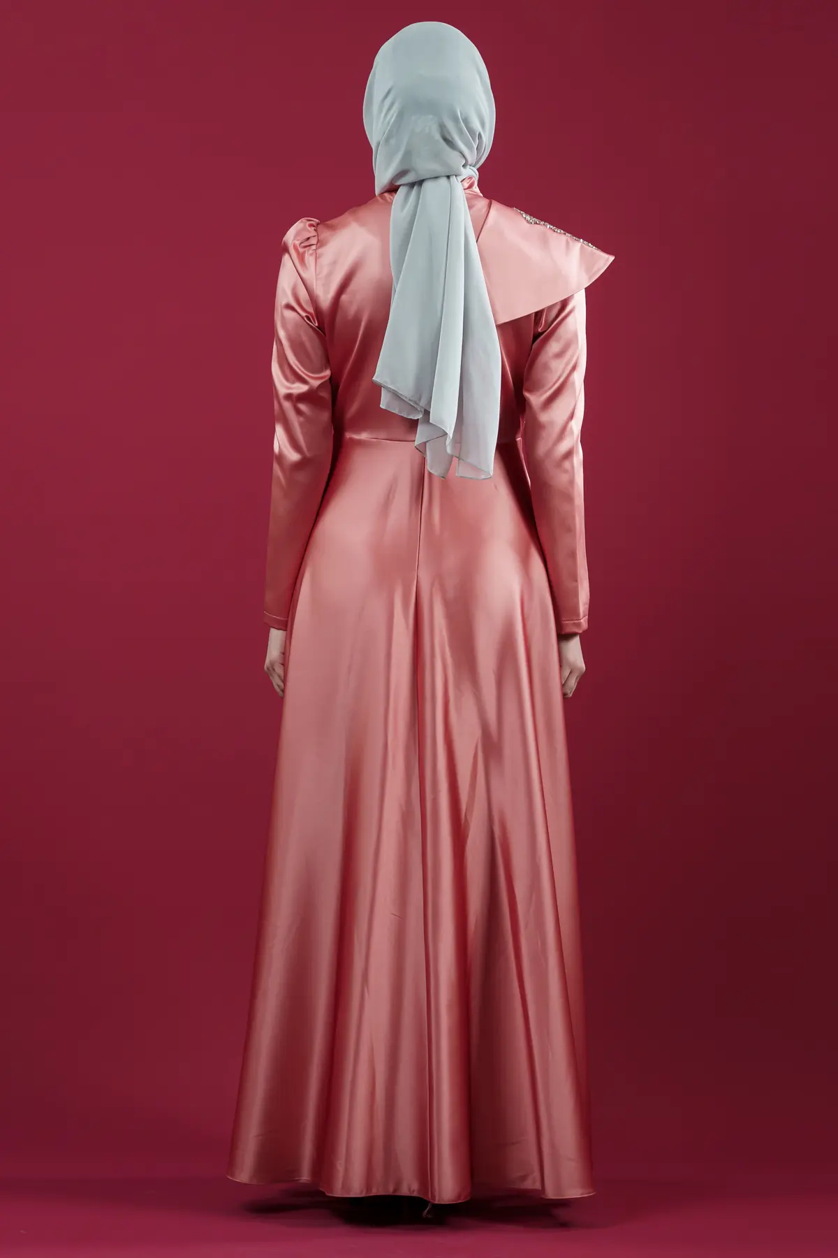 Somon Color Satin Evening Dress-detail