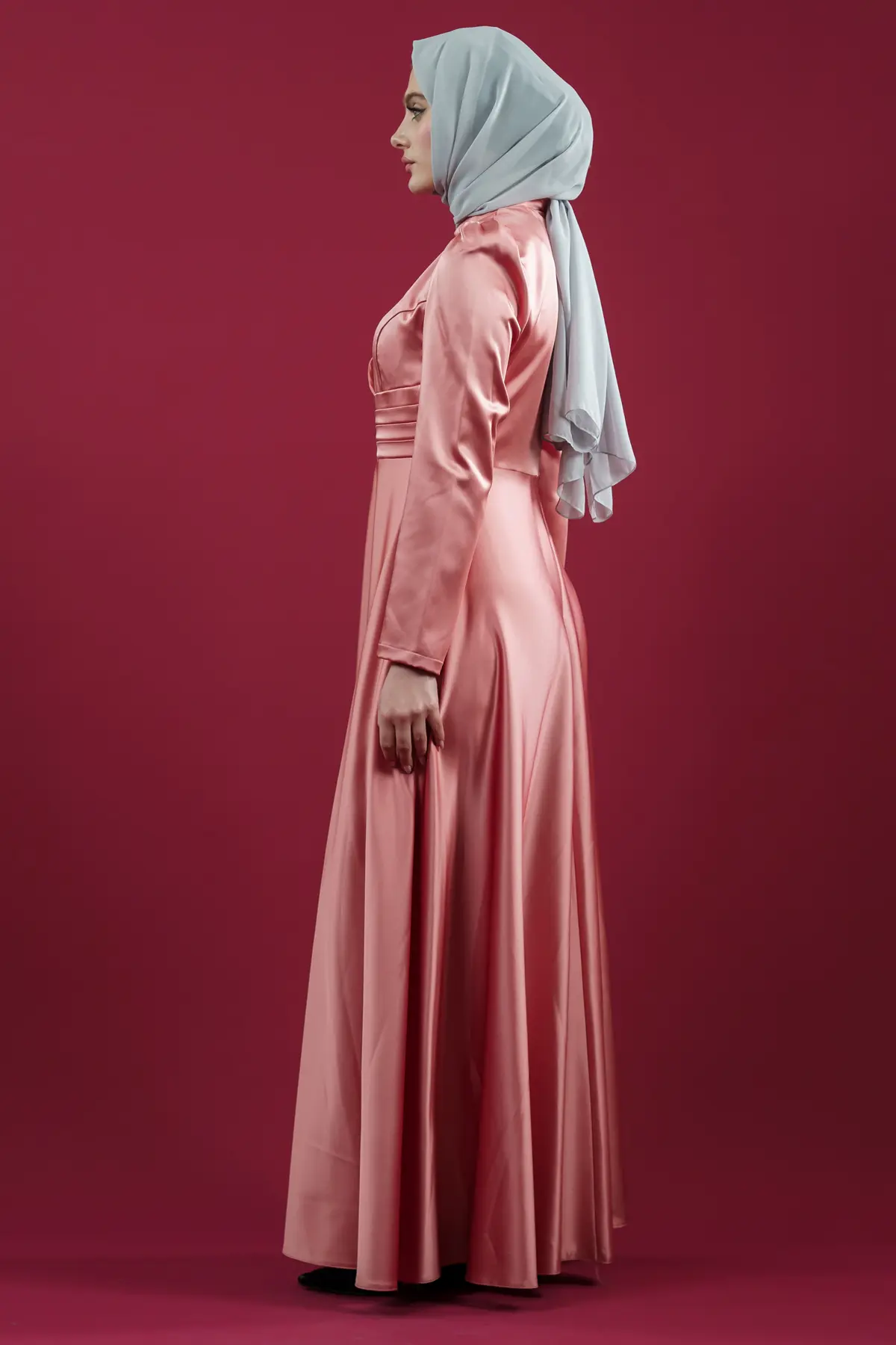 Somon Color Satin Evening Dress-detail