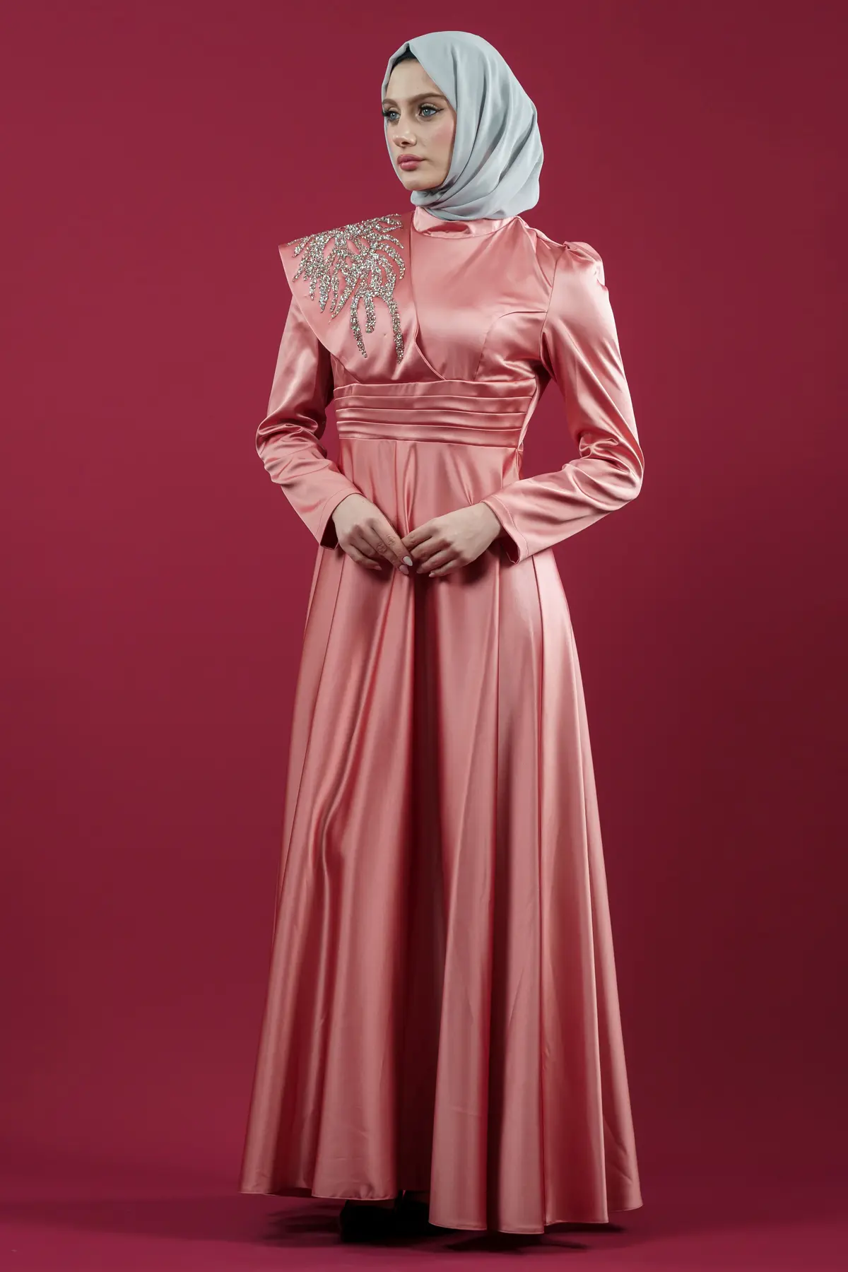 Somon Color Satin Evening Dress-detail