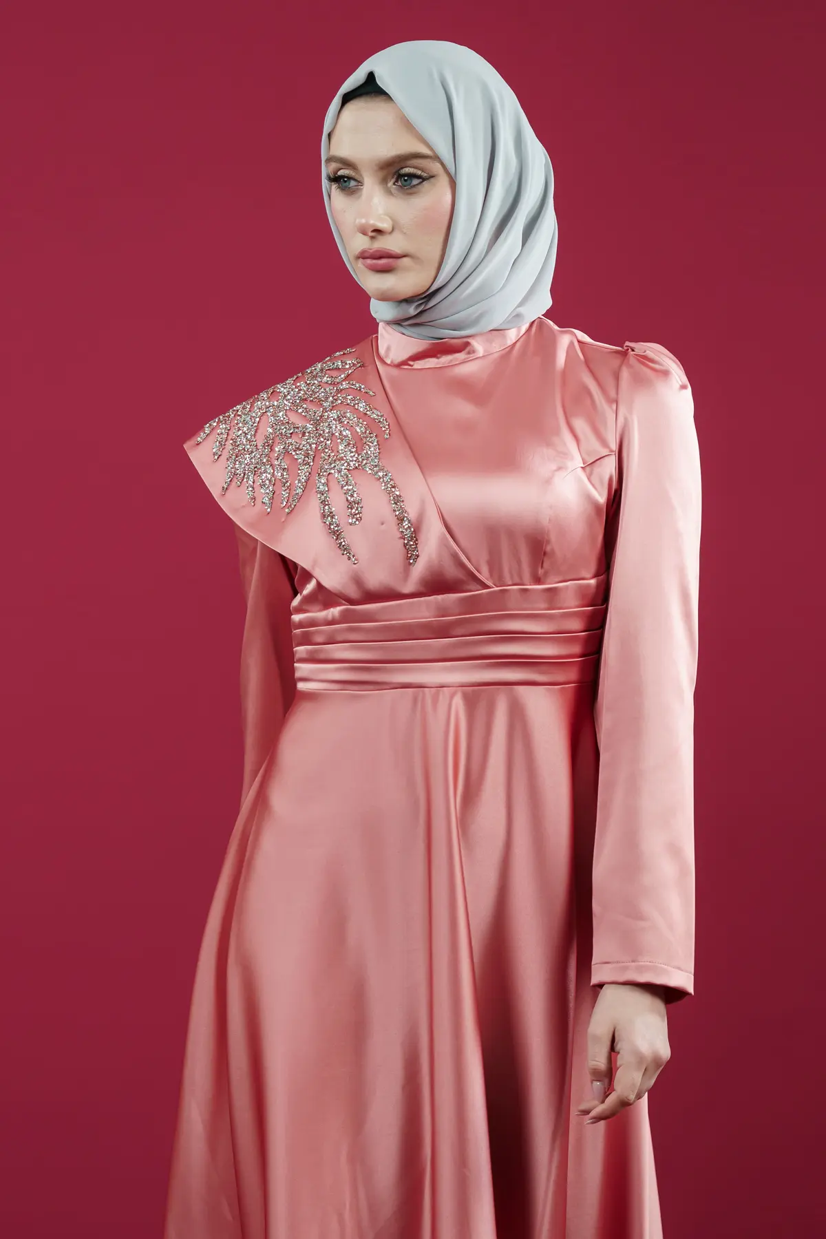 Somon Color Satin Evening Dress-detail