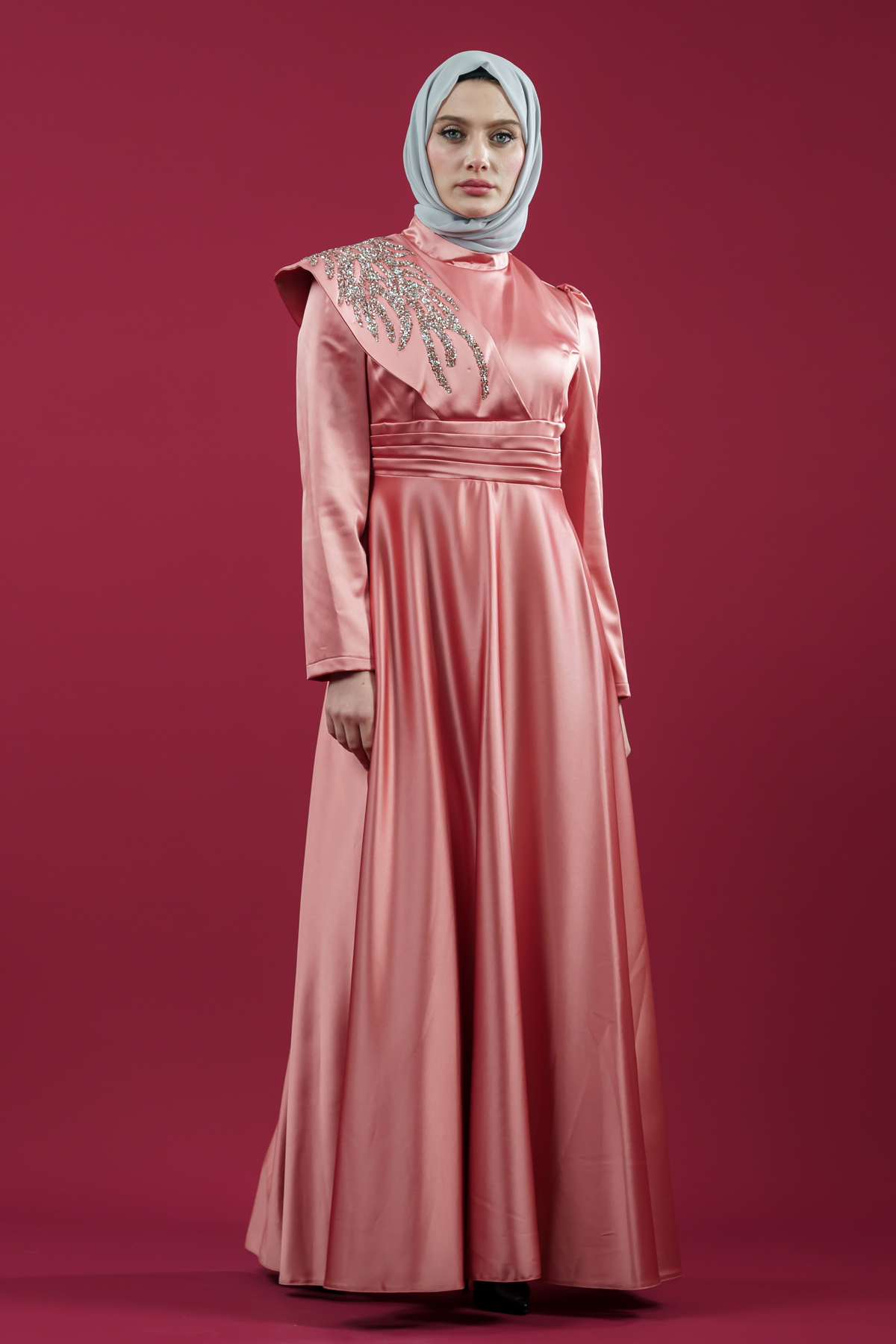 Somon Color Satin Evening Dress